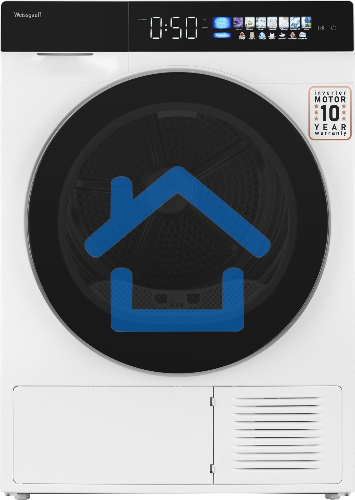 Сушильная машина Weissgauff WD 999 Heat Pump Full Touch белый/черный, 10 кг, сушка - тепловой насос, программ - 16, 60 x 85 x 62 см