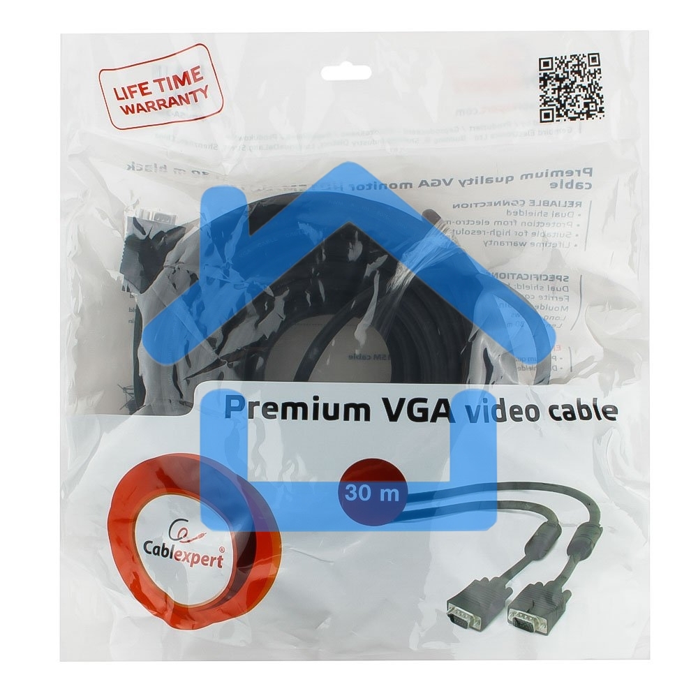Кабель Gembird/Cablexpert CC-PPVGA-30M-B, Кабель VGA Premium, 15M/15M, 30м, черный, тройной экран, феррит.кольца