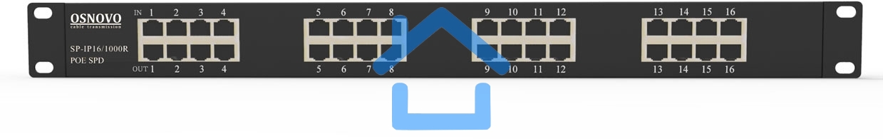 Грозозащита OSNOVO 1U устройство грозозащиты для ЛВС на 16 портов (скорость до 1000 Мб/с) с защитой линий PoE (af/at, методы A + B, контакты 1/2, 3/6, 4/5, 7/8)