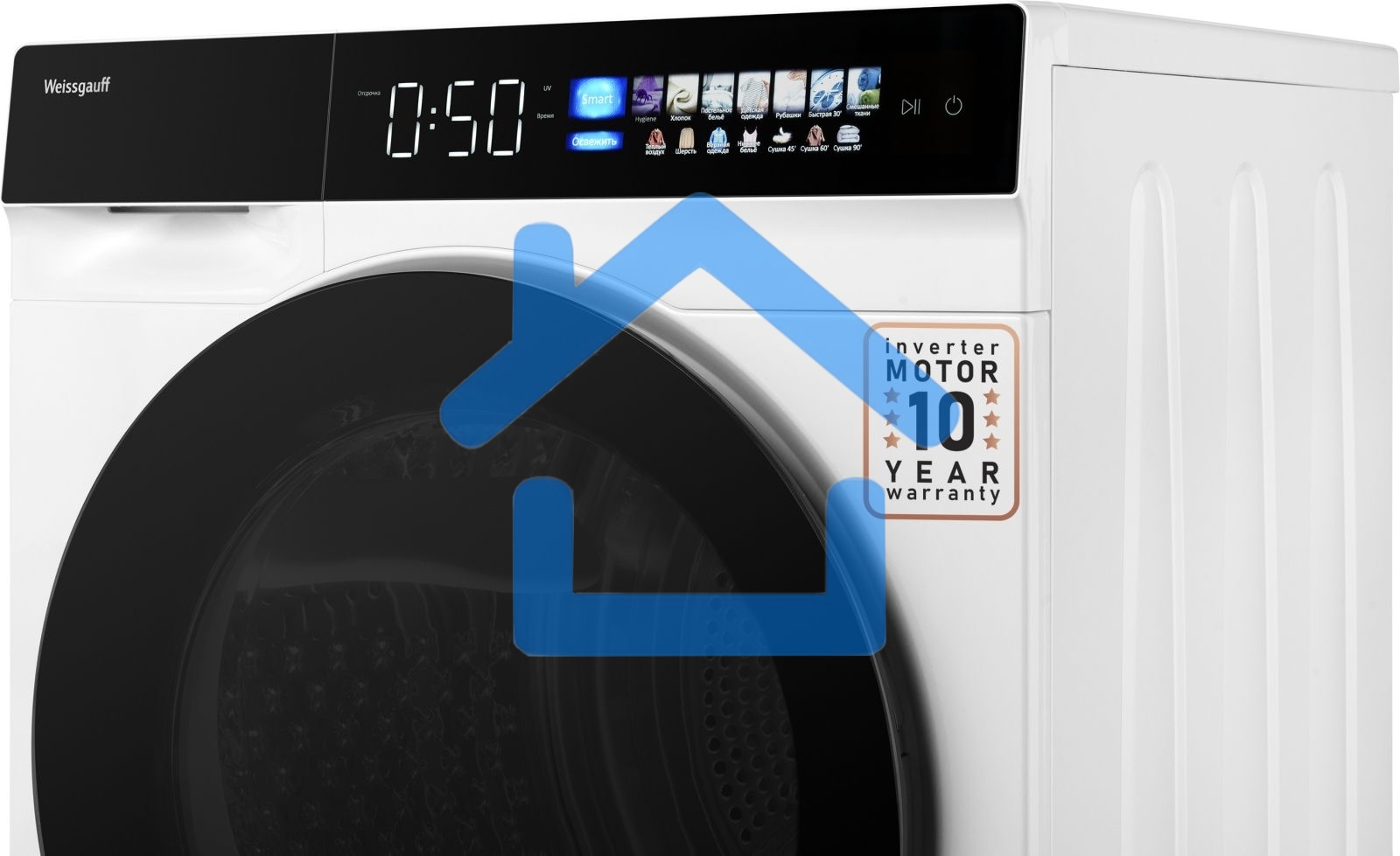 Сушильная машина Weissgauff WD 999 Heat Pump Full Touch белый/черный, 10 кг, сушка - тепловой насос, программ - 16, 60 x 85 x 62 см