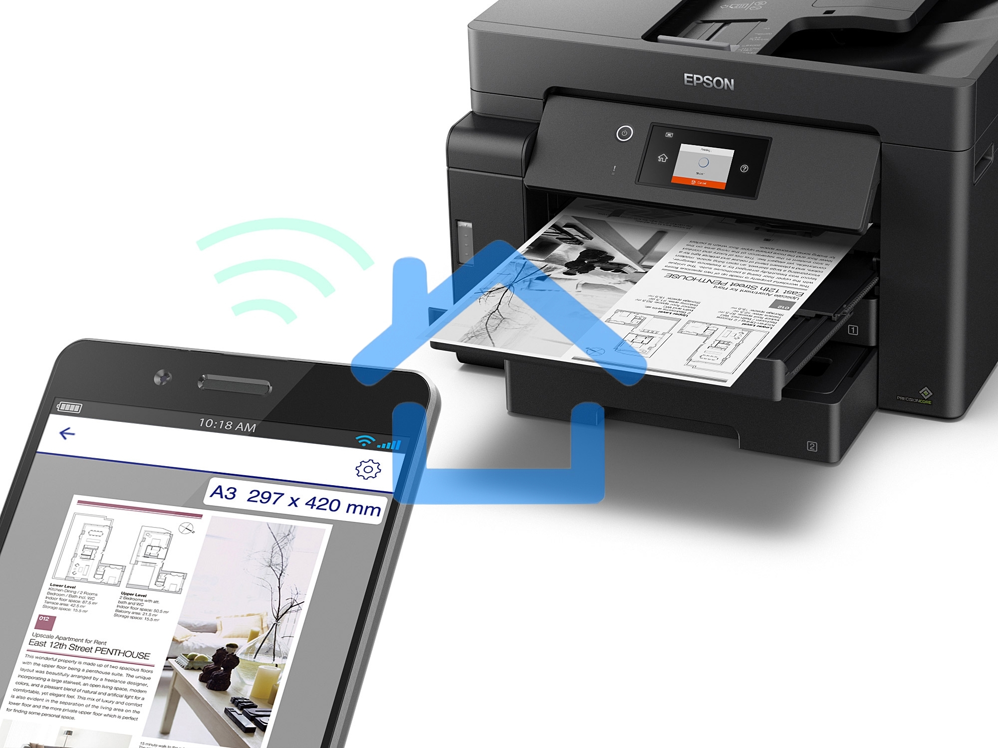 МФУ струйное Epson M15140 (C11CJ41404), A3+, ч/б, печ. до 25 стр/мин., скан. до 26 стр/мин., 2400 x 4800 dpi (печать) 1200x2400dpi (скан.), USB, RJ-45, Wi-Fi