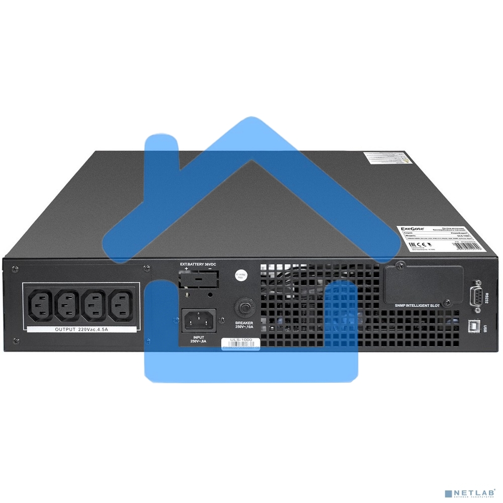 Источник бесперебойного питания On-line ExeGate EP285646RUS PowerExpert ULS-1000.LCD.AVR.C13.USB.RS232.SNMP.2U 1000VA/1000W, On-Line, PF=1, LCD, 4*IEC-C13, RS232, USB, SNMP-slot, Rackmount 2U/Tower, черный