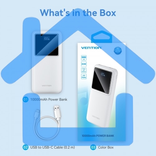 Портативный аккумулятор Vention 10000mAh(M/C-A/A)22.5W белый с LED Дисплеем