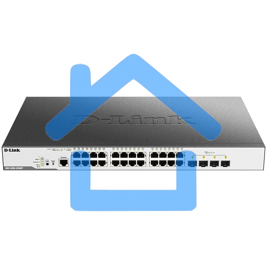 Коммутатор D-Link Switch DGS-3000-28XMP/B1A Управляемый коммутатор 2 уровня с 24 портами 10/100/1000Base-T и 4 портами 10Gbase-X SFP+ (24 порта с подд