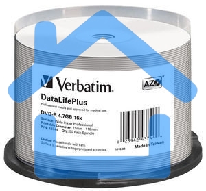 Диск DVD-R Verbatim 4.7 Gb, 16x, Cake Box (50), Full Ink Printable Pro (50/200)