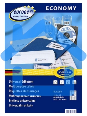 Этикетки самоклеящиеся Europe100 ELA050-100 A4, 48.5x16.9 мм, 64 шт, универсальная, 70 г/м2, 100 л, покрытие матовое, белый