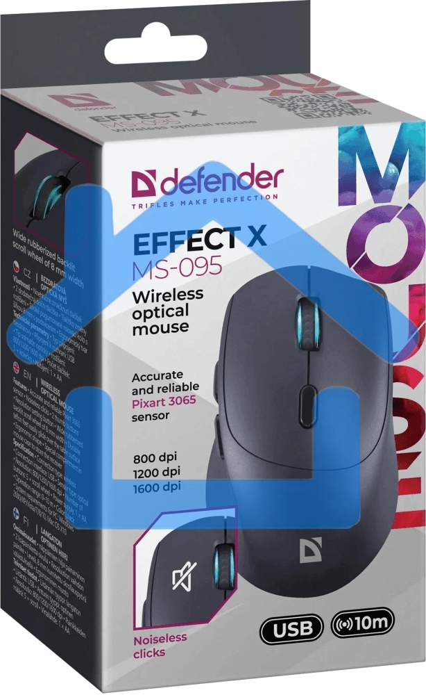 Мышь беспроводная Defender Effect X MS-095 черный, 1600 dpi, радиоканал, USB, кнопки - 6