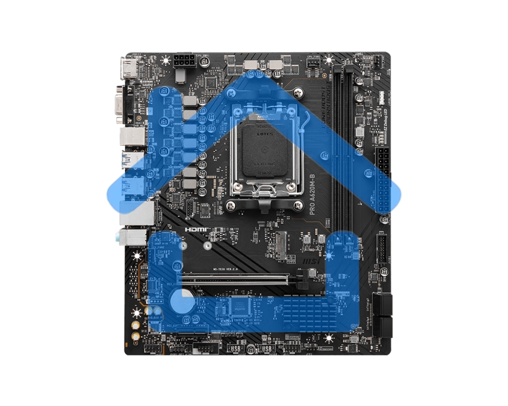 Материнская плата MSI PRO A620M-B, AM5, AMD A620, 2xDDR5, 4xSATA, 1xM.2 (PCIe 4.0 x4), 1xPCIe 4.0 x16, 1xPCIe 3.0 x1, 1xHDMI, 1xVGA, 1x2.5Gb LAN, 6xUSB-A 5Gbps, 6xUSB-A 2.0, 3x3.5 мм, 7.1, mATX