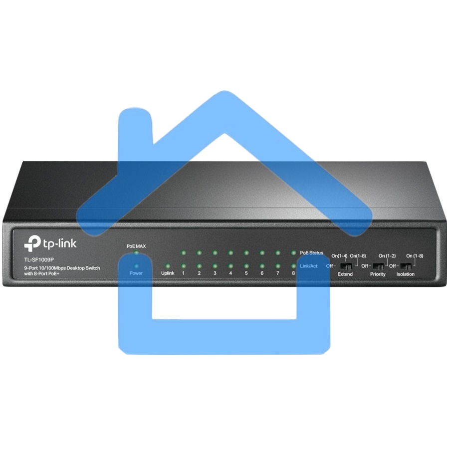 Коммутатор 9-port 10/100Mbps unmanaged switch with 8 PoE+ ports, compliant with 802.3af/at PoE, 65W PoE budget, support 250m Extend Mode, Priority mode and Isolation mode, desktop mount, plug and play.