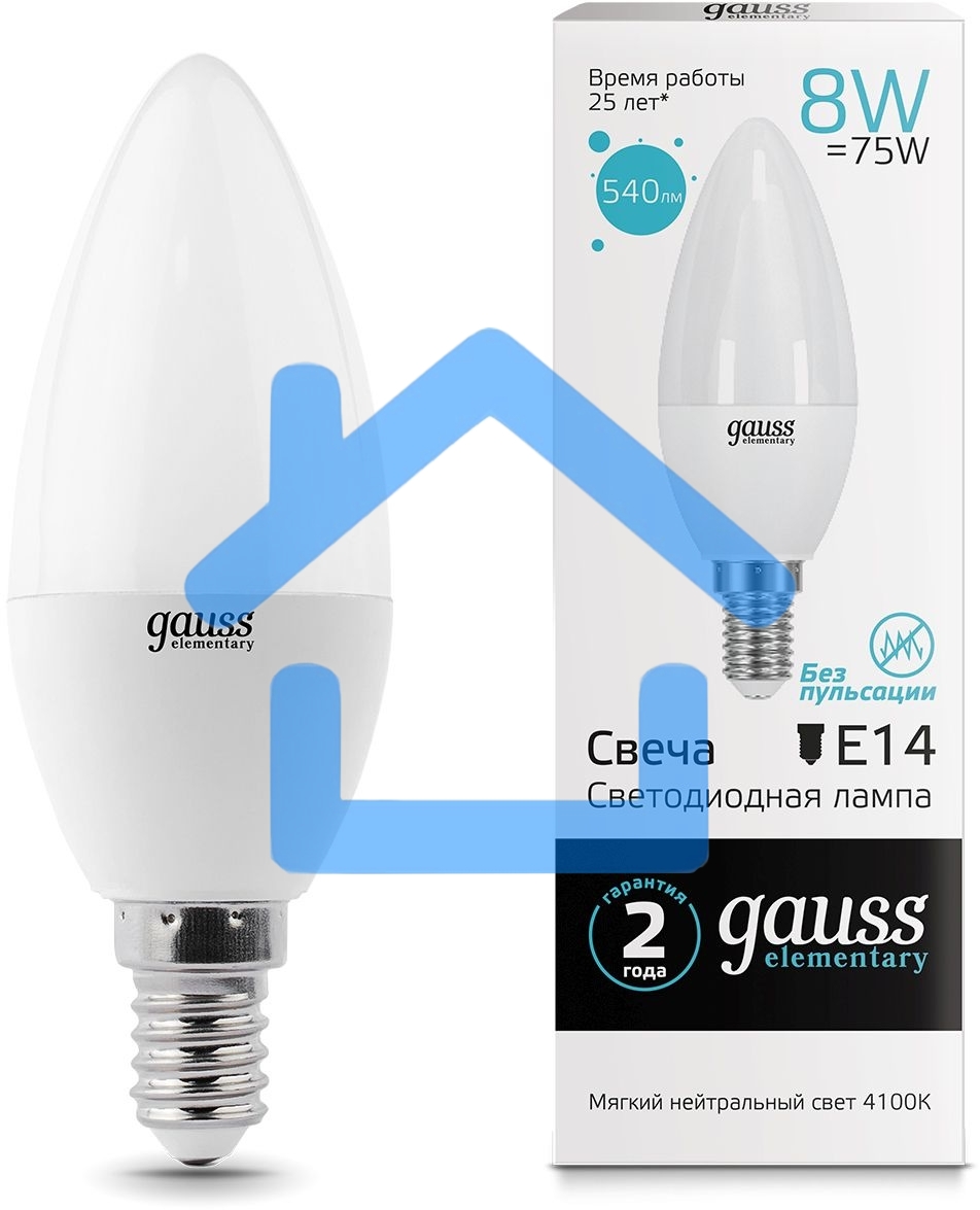 Лампа светодиодная LED 8Вт E14 220В 4100К Elementary свеча 33128 Gauss