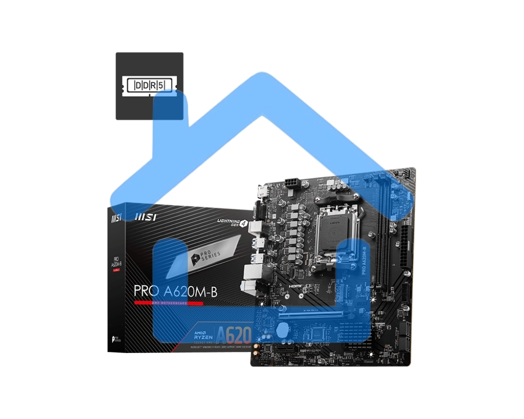 Материнская плата MSI PRO A620M-B, AM5, AMD A620, 2xDDR5, 4xSATA, 1xM.2 (PCIe 4.0 x4), 1xPCIe 4.0 x16, 1xPCIe 3.0 x1, 1xHDMI, 1xVGA, 1x2.5Gb LAN, 6xUSB-A 5Gbps, 6xUSB-A 2.0, 3x3.5 мм, 7.1, mATX