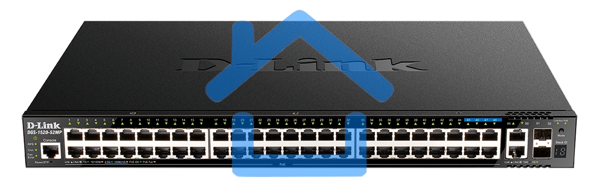 Управляемый L3 стекируемый коммутатор D-Link DGS-1520-52MP/A1A с 44 портами 10/100/1000Base-T, 4 портами 100/1000/2.5Gbase-T, 2 портами 10Gbase-T и 2 портами 10Gbase-X SFP+
