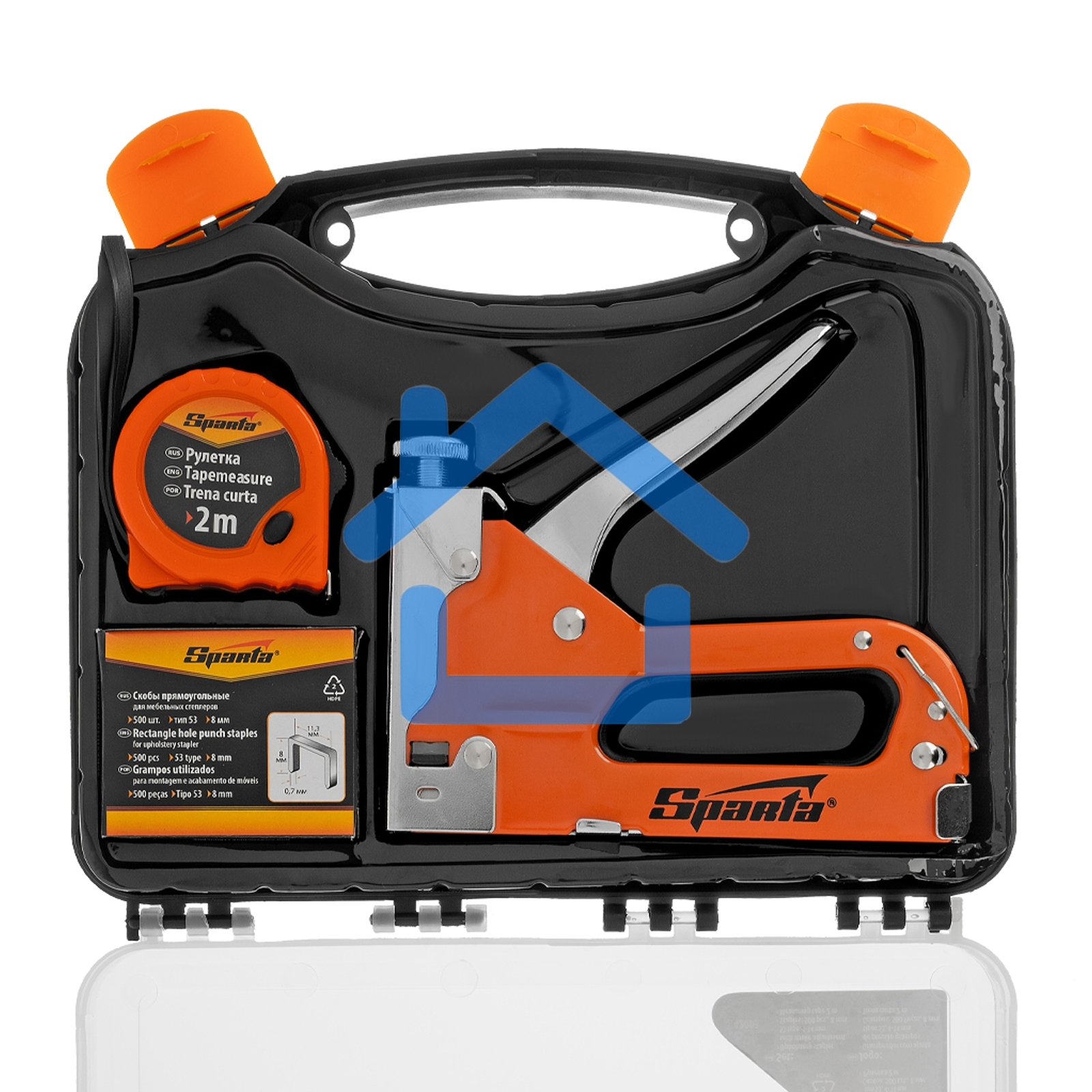 Набор: степлер мебельный регулируемый, скобы 500 шт, рулетка 2м., тип скобы 53, 4-14 мм Sparta