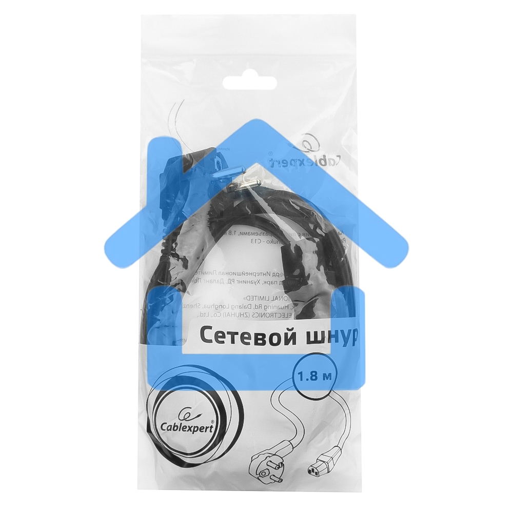 Кабель питания Cablexpert PC-186-1-1.8M, 1.8м, Schuko- C13, 3x1кв.мм, черный, с заземлением, пакет