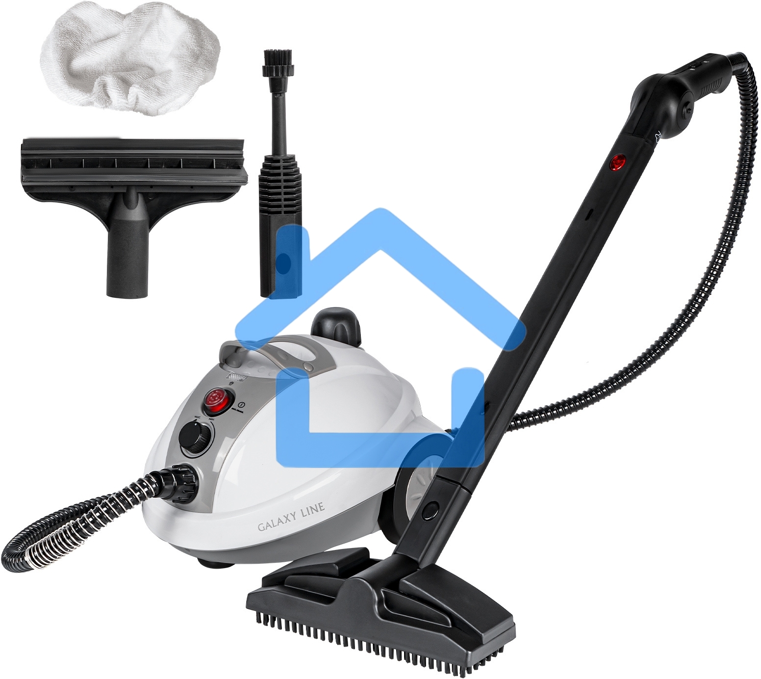 Пароочиститель Galaxy Line GL 6270, белый, 1500 Вт, 700 мл, 3,5 бар, выход пара 65 г/мин, нагрев 10 мин, время раб. до 30 мин, темп. пара 100°С, блокировка подачи пара, регул. выхода пара, защита от перегрева, степень защиты IPX4, аксессуары: насадка для 