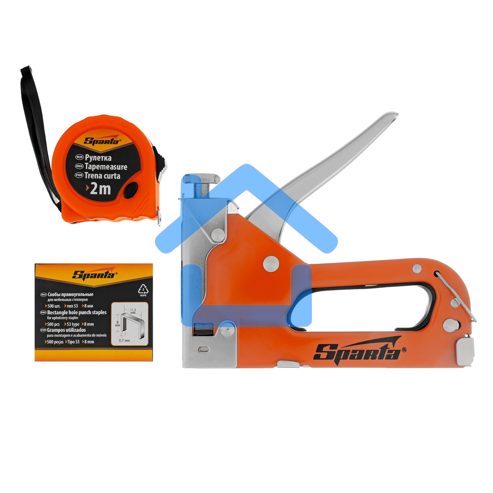 Набор: степлер мебельный регулируемый, скобы 500 шт, рулетка 2м., тип скобы 53, 4-14 мм Sparta