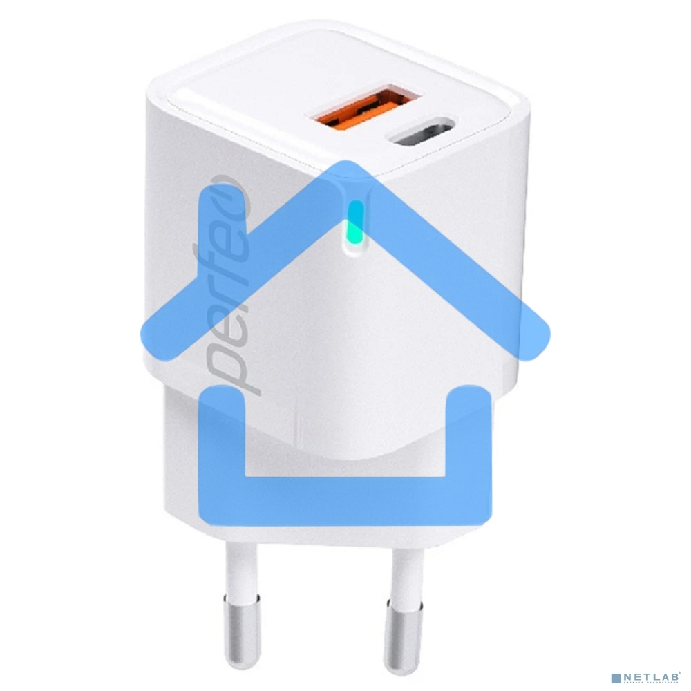 Сетевое зарядное устройство с двумя разъемами PERFEO USB-A+TYPE-C, GaN, 20W, белый (I4652)