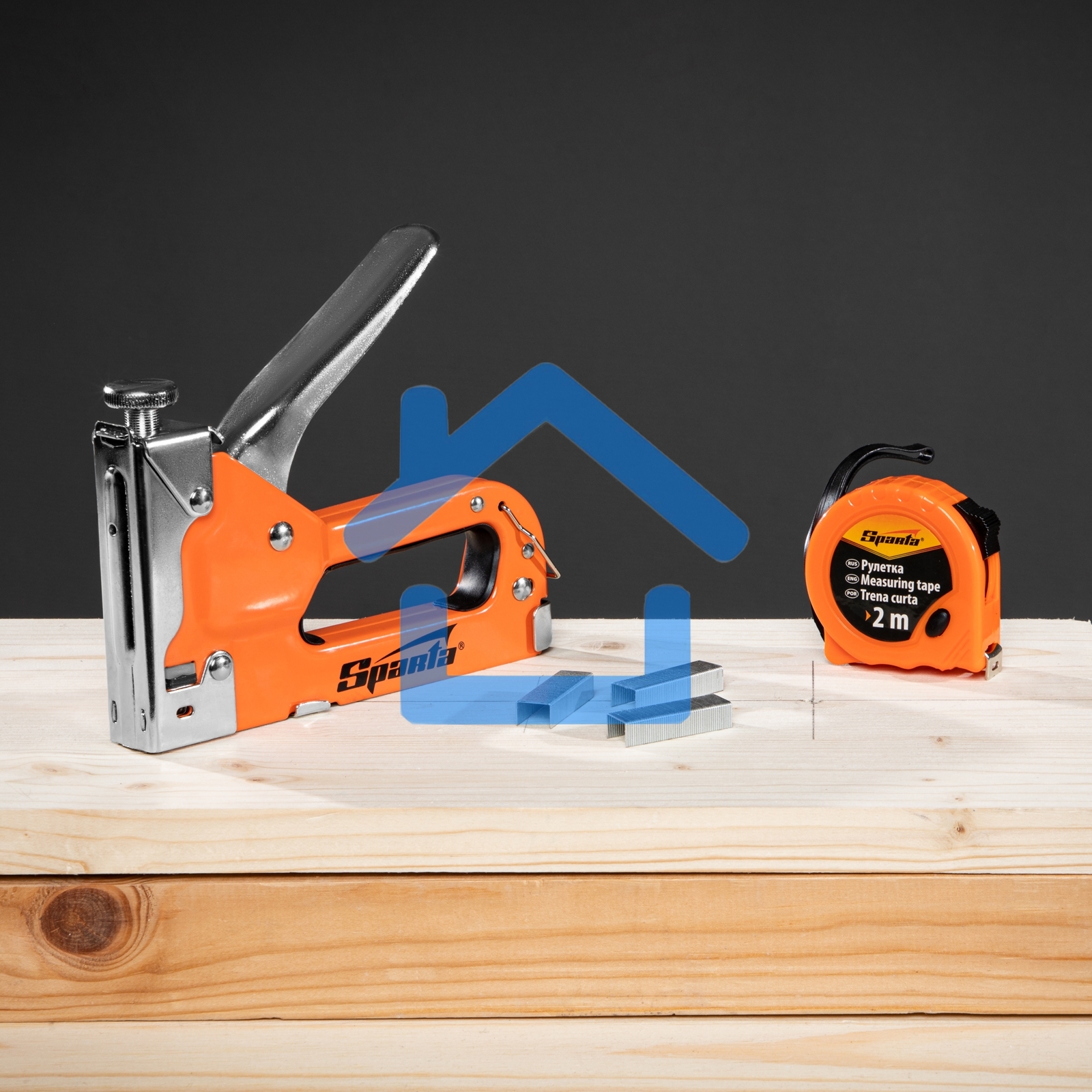 Набор: степлер мебельный регулируемый, скобы 500 шт, рулетка 2м., тип скобы 53, 4-14 мм Sparta