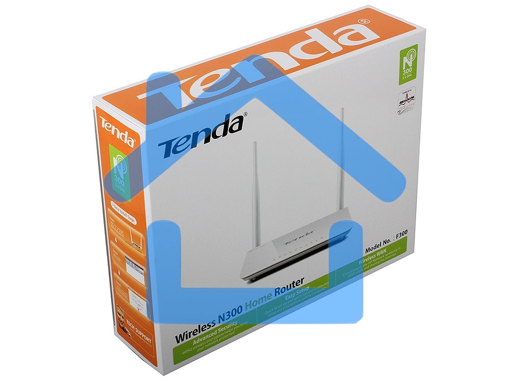 Сетевое оборудование TENDA F300 маршрутизатор 802.11n, до300Мбит/с, 2T2R, LAN: 4х10/100Мбит/с, WAN: 1х10/100Мбит/c, 2 внешние антенны 5дБи.