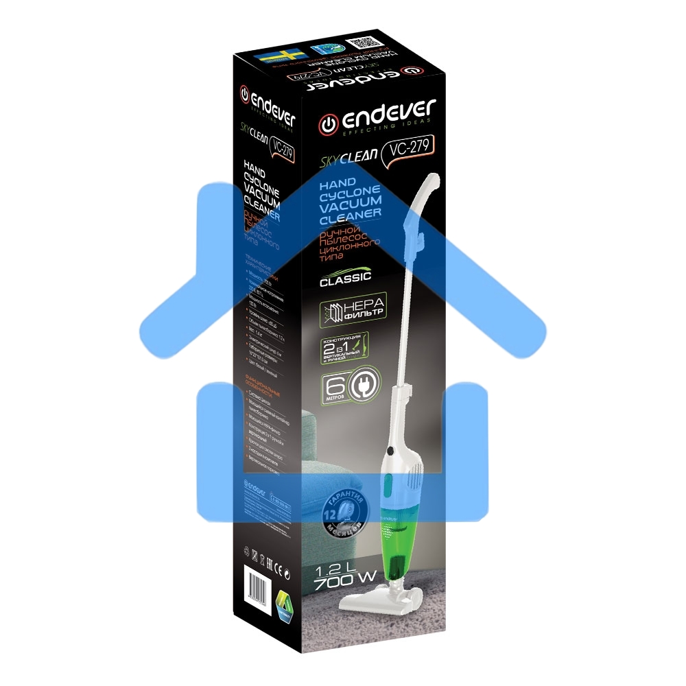 Пылесос вертикальный циклонного типа Endever SkyClean VC-279, белый/зеленый, мощность 700 Вт, циклонная система фильтрации, 6 шт/уп