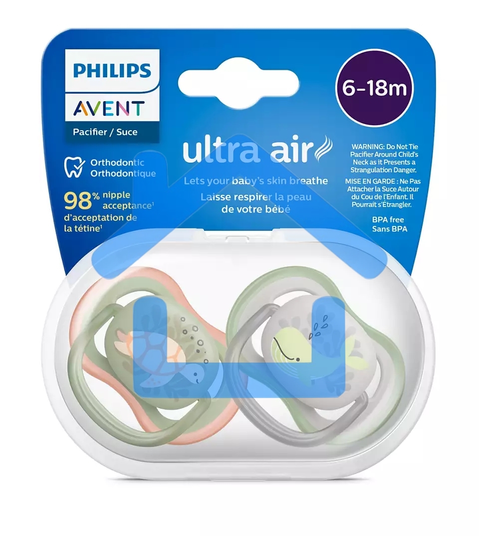 Пустышка Philips ultra air, черепашка/кит, 6-18 мес., 2 шт.