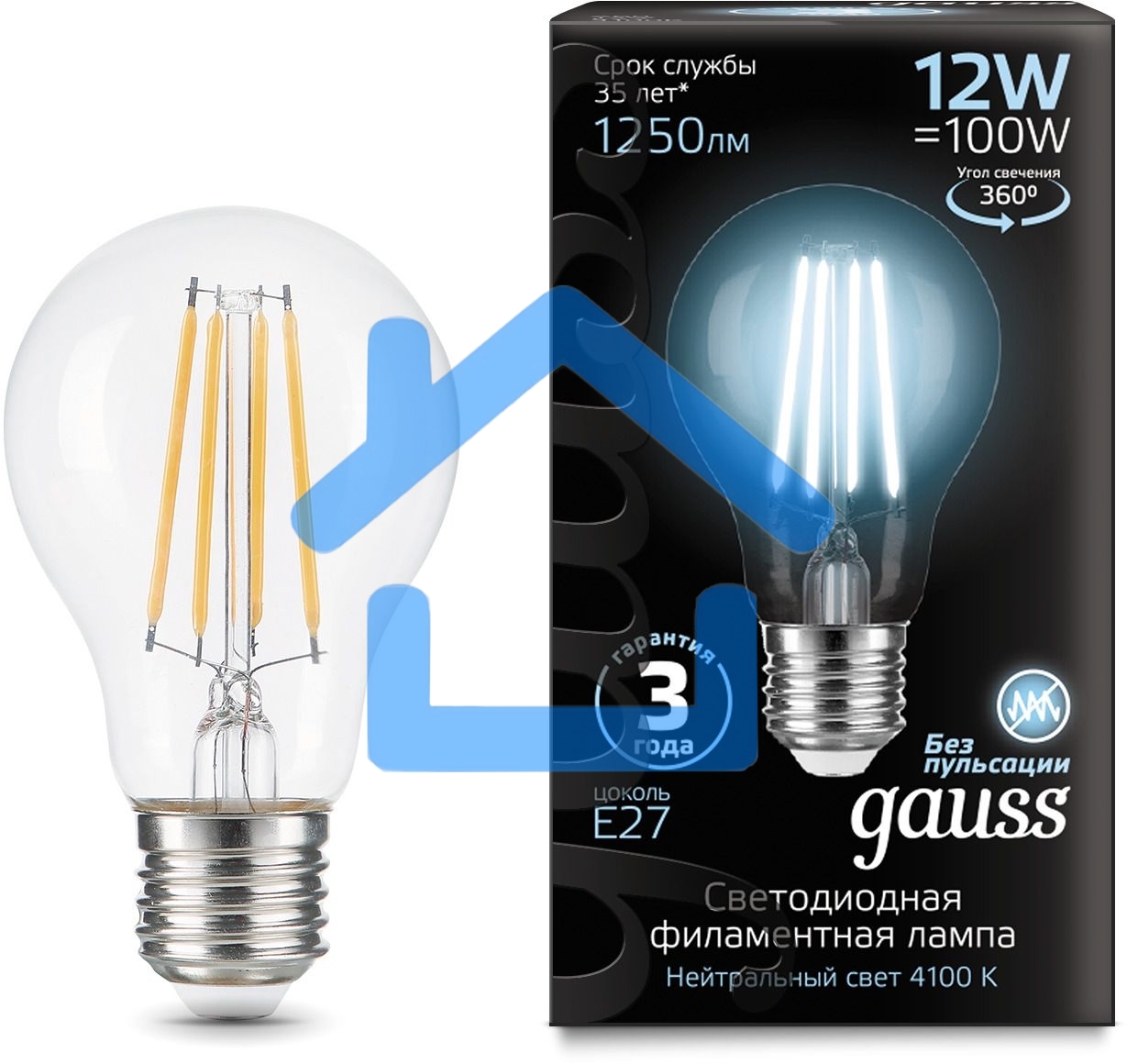 Лампа Gauss Filament А60 12W 1250lm 4100К Е27 LED 1/10/40