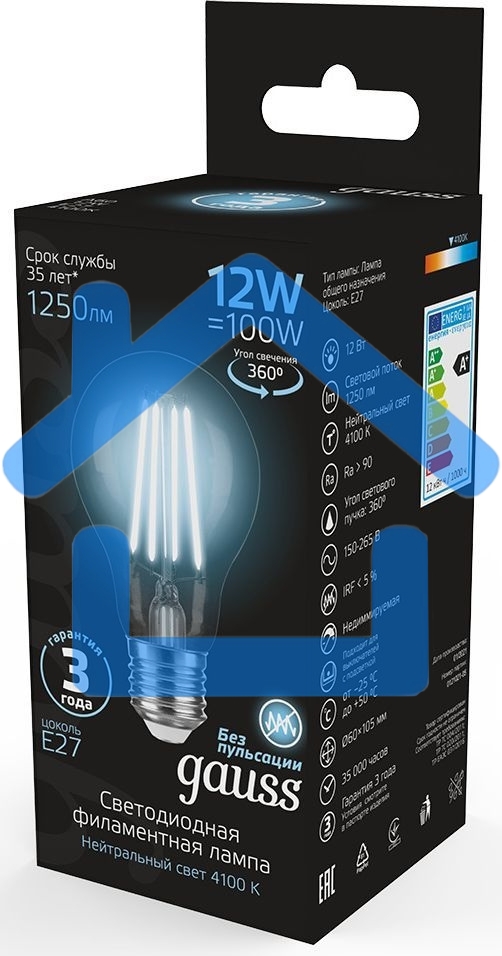 Лампа Gauss Filament А60 12W 1250lm 4100К Е27 LED 1/10/40