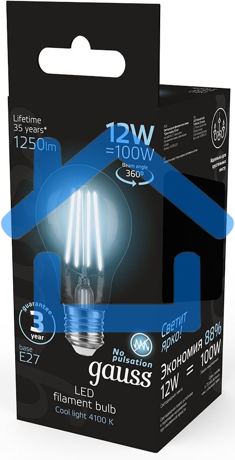 Лампа Gauss Filament А60 12W 1250lm 4100К Е27 LED 1/10/40