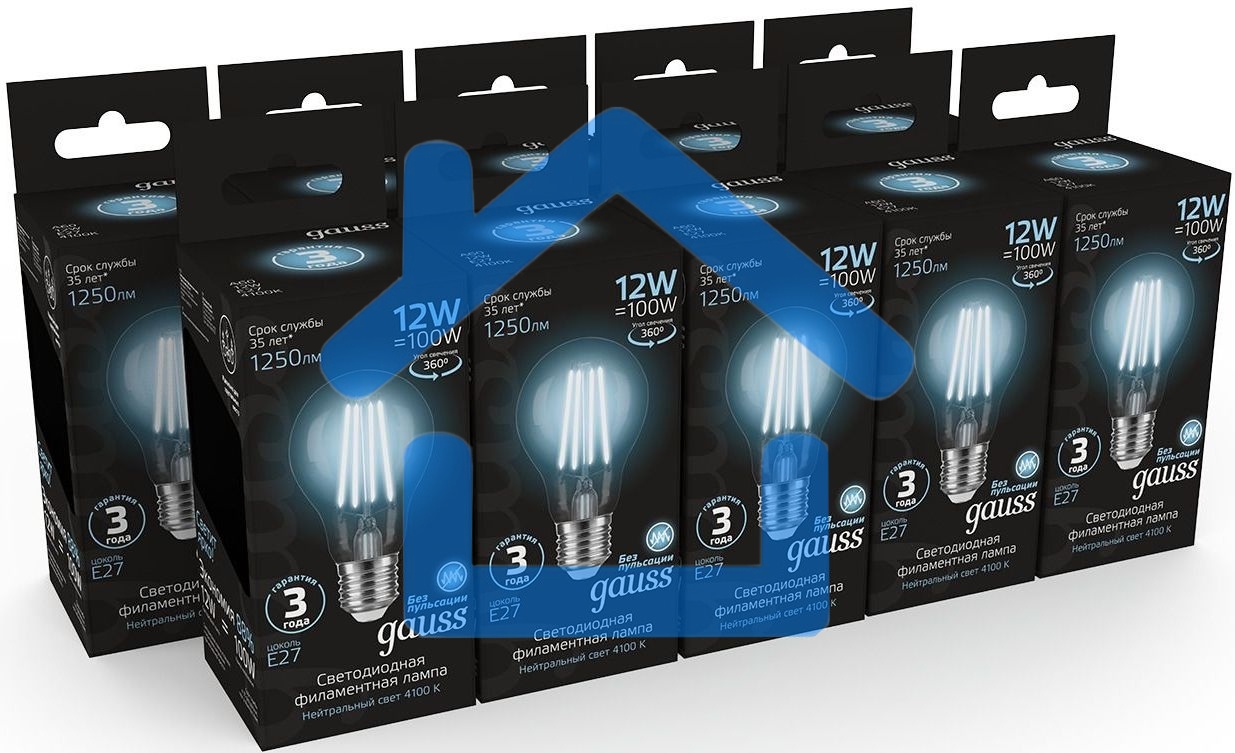Лампа Gauss Filament А60 12W 1250lm 4100К Е27 LED 1/10/40