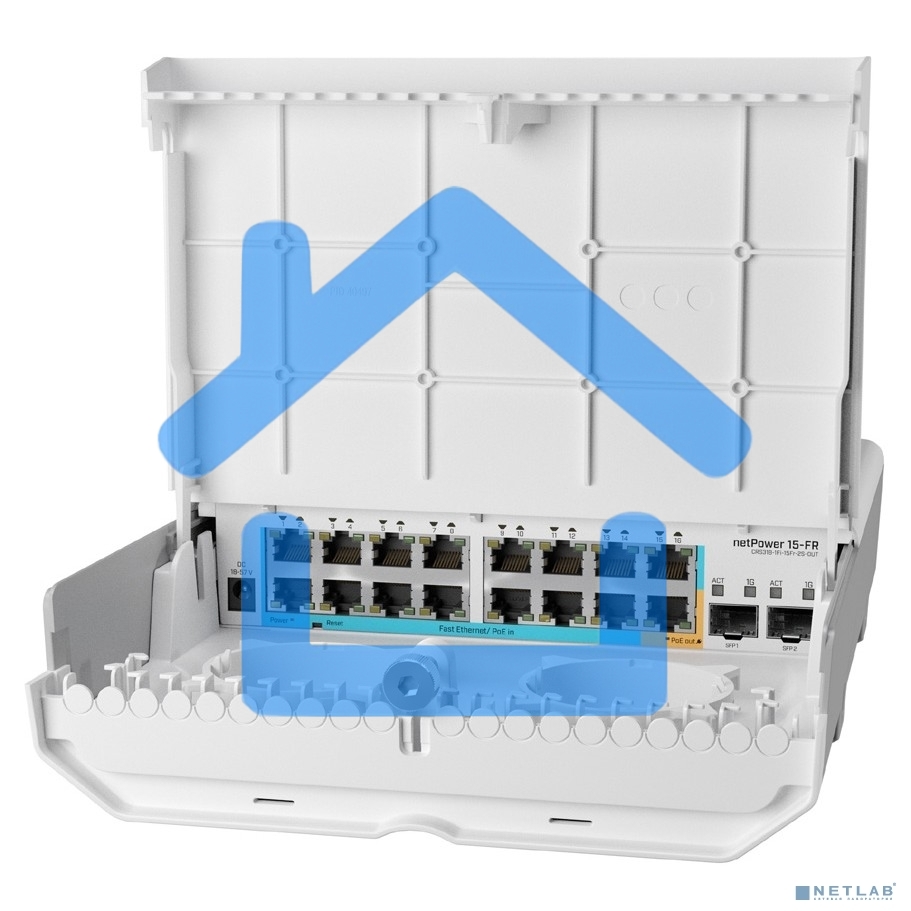 Коммутатор MikroTik netPower 15FR with 800MHz CPU, 256MB RAM, 16 x 10/100Mbps Ethernet ports (15 with Reverse POE-in, 1 with PoE-OUT), 2 x SFP, RouterOS L5 or SwitchOS (dual boot), outdoor enclosure, mounting ki