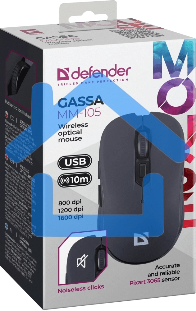 Мышь беспроводная Defender Gassa MM-105 черный, 1600 dpi, радиоканал, USB, кнопки - 6
