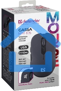 Мышь беспроводная Defender Gassa MM-105 черный, 1600 dpi, радиоканал, USB, кнопки - 6