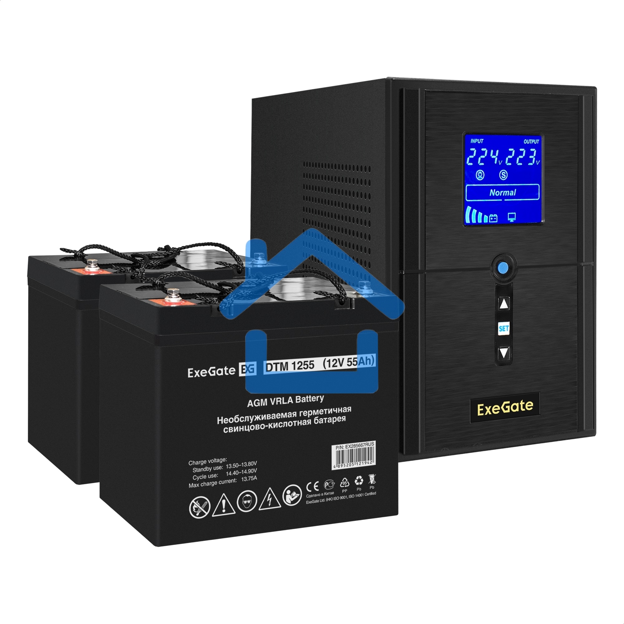 Комплект ИБП EX295988RUS + батарея 55Aч EX285667RUS 2шт (инвертор, синус, для котла) ExeGate SineTower SZ-1500.LCD.AVR.2SH.1C13.USB <1500VA/1200W, чистый синусоида, LCD дисплей, AVR, 2*Schuko+1*C13, USB, линейно-интерактивный, черный> + батарея ExeGate DT