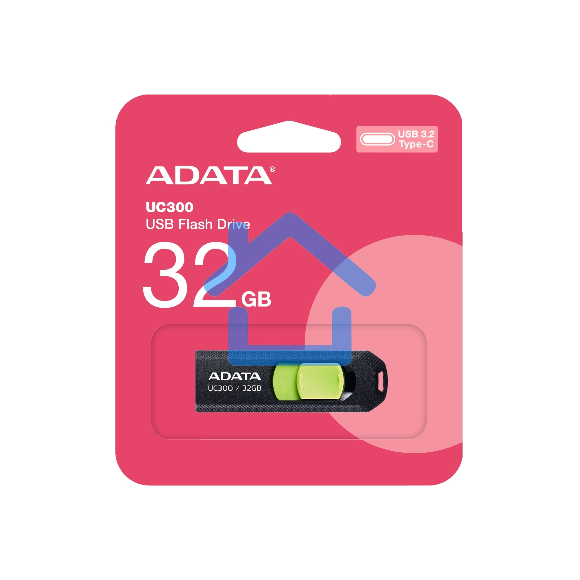Флешка USB ADATA UC300 (ACHO-UC300-32G-RBK/GN), 32Gb, Type-C USB 3.2, R/W 100/30, черный / зеленый