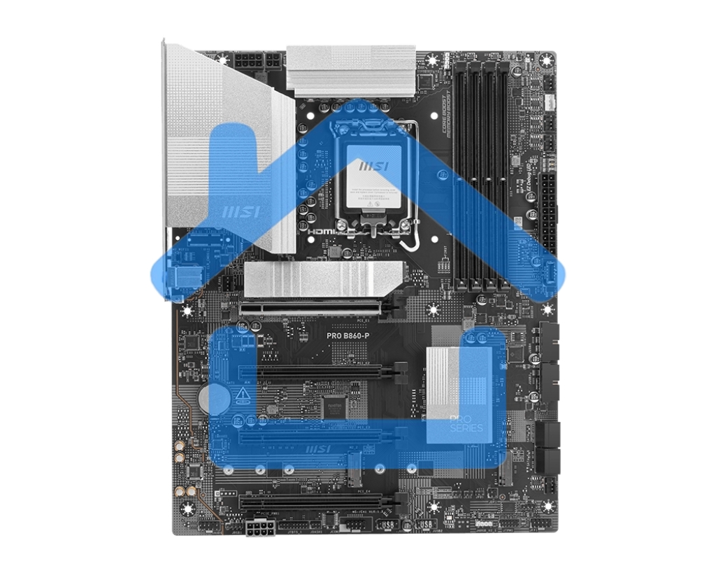 Материнская плата MSI PRO B860-P, LGA 1851, Intel B860, 4xDDR5, 4xSATA, 3xM.2, 1xPCIe 5.0 x16, 1xPCIe 4.0 x4, 2xPCIe 4.0 x1, 1xHDMI, 1xDP, 1xUSB-C, 1x 5Gb LAN, 2xUSB-A 3.2 Gen 2, 2xUSB-A 3.2 Gen 1, 4xUSB-A 2.0, 3x3.5 мм, 7.1, ATX