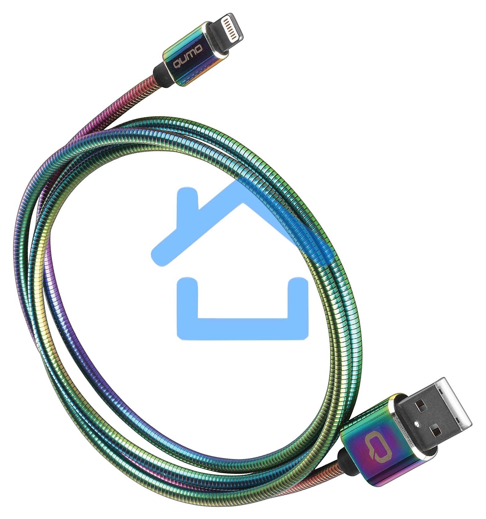 Кабель Qumo, MFI С48, USB-Apple 8 pin, 1м, 5В, 2,4A, 12Вт, опл. металл. пружинка, кон. металл, rainbow
