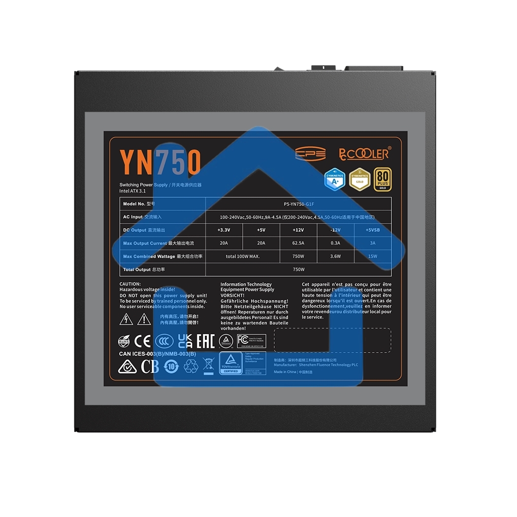 Блок питания PCCOOLER, 750W 80 PLUS Gold (ATX, 3.1, PCIe 5.1 600W, Full modular, 1x24(20+4)pin 550мм, 2xCPU 8(4+4)pin 650мм, 3xPCIe 8(6+2)pin 500мм, 1x12V(2x6) 12+4pin 650мм, 3xSATA*3+MOLEX4pin*1 450+120+120+120мм, Active, 135x135mm, 150x150x86mm, APFC, O