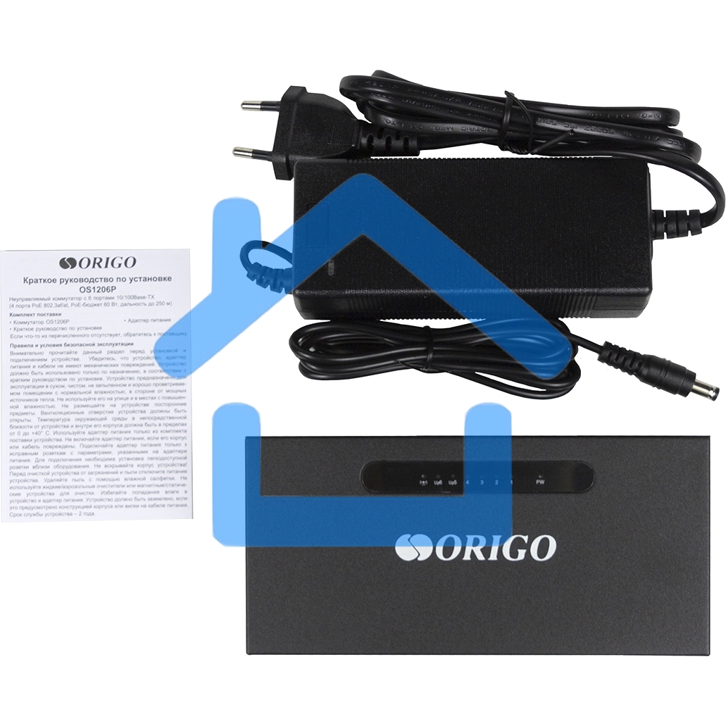 Неуправляемый PoE-коммутатор ORIGO OS1206P/60W/A1A 4x100Base-TX PoE+, 2x100Base-TX, PoE-бюджет 60 Вт, корпус металл