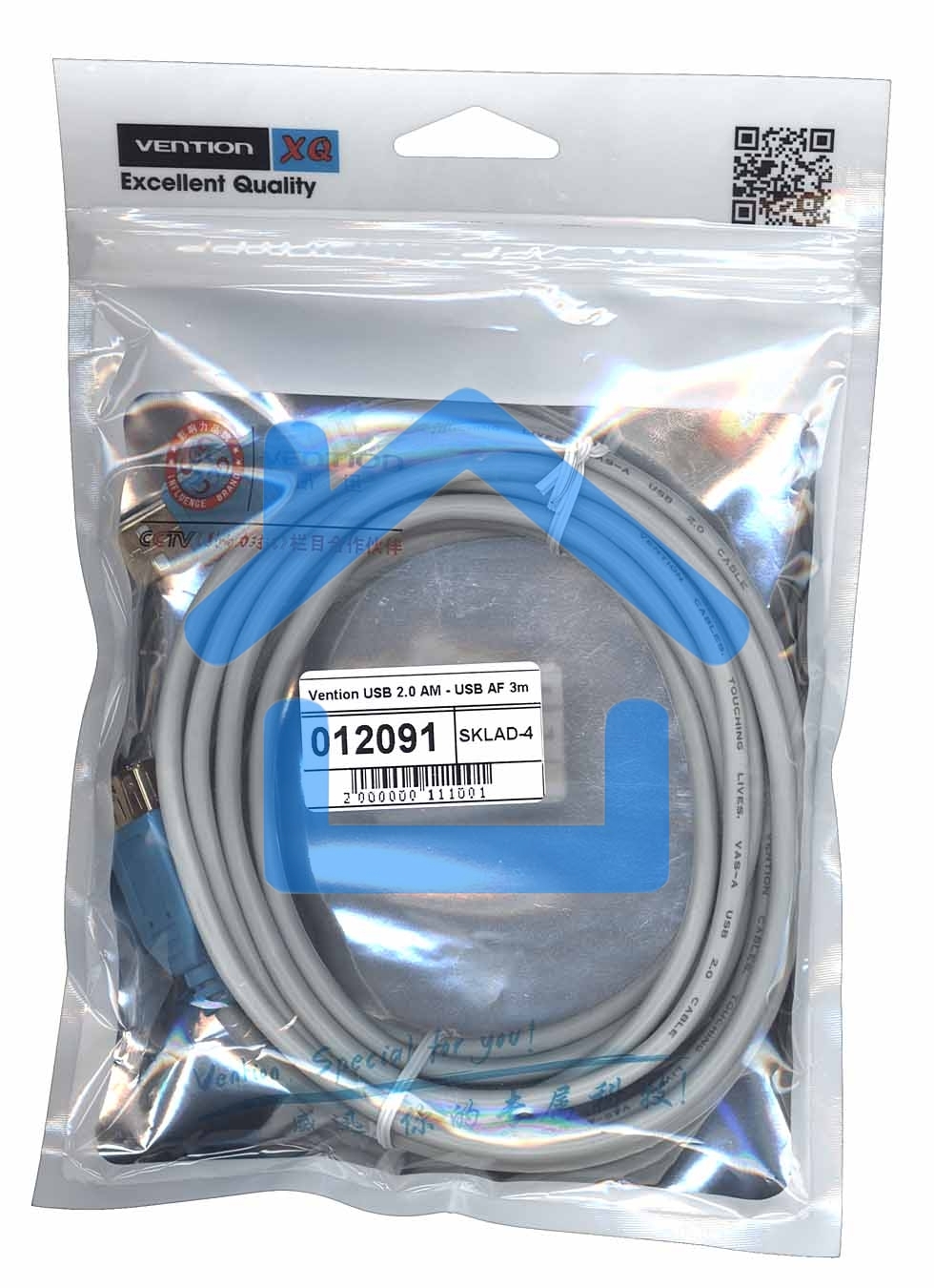 Кабель Vention USB 2.0 AM - USB AF 3m серый круглый