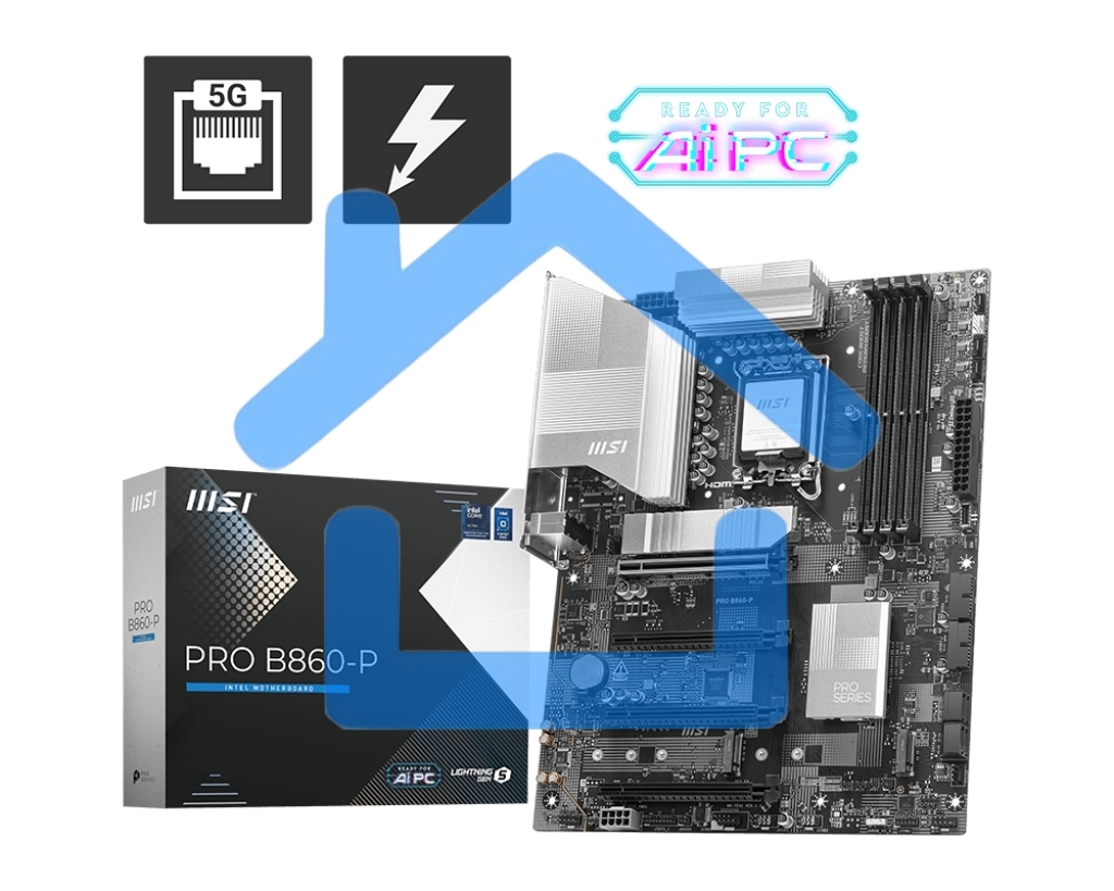 Материнская плата MSI PRO B860-P, LGA 1851, Intel B860, 4xDDR5, 4xSATA, 3xM.2, 1xPCIe 5.0 x16, 1xPCIe 4.0 x4, 2xPCIe 4.0 x1, 1xHDMI, 1xDP, 1xUSB-C, 1x 5Gb LAN, 2xUSB-A 3.2 Gen 2, 2xUSB-A 3.2 Gen 1, 4xUSB-A 2.0, 3x3.5 мм, 7.1, ATX