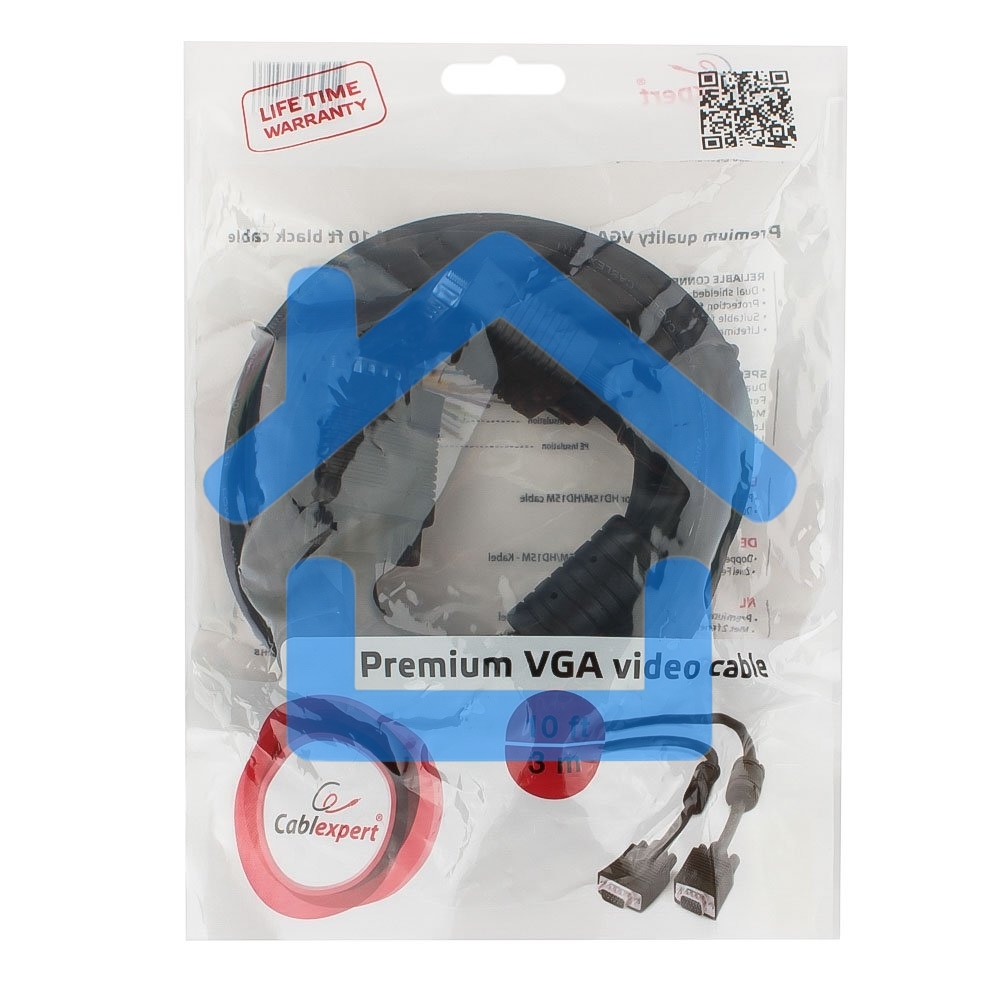 Кабель VGA Premium Cablexpert CC-PPVGA-10-B, 15M/15M, 3.0м, черный, тройной экран, феррит.кольца, пакет