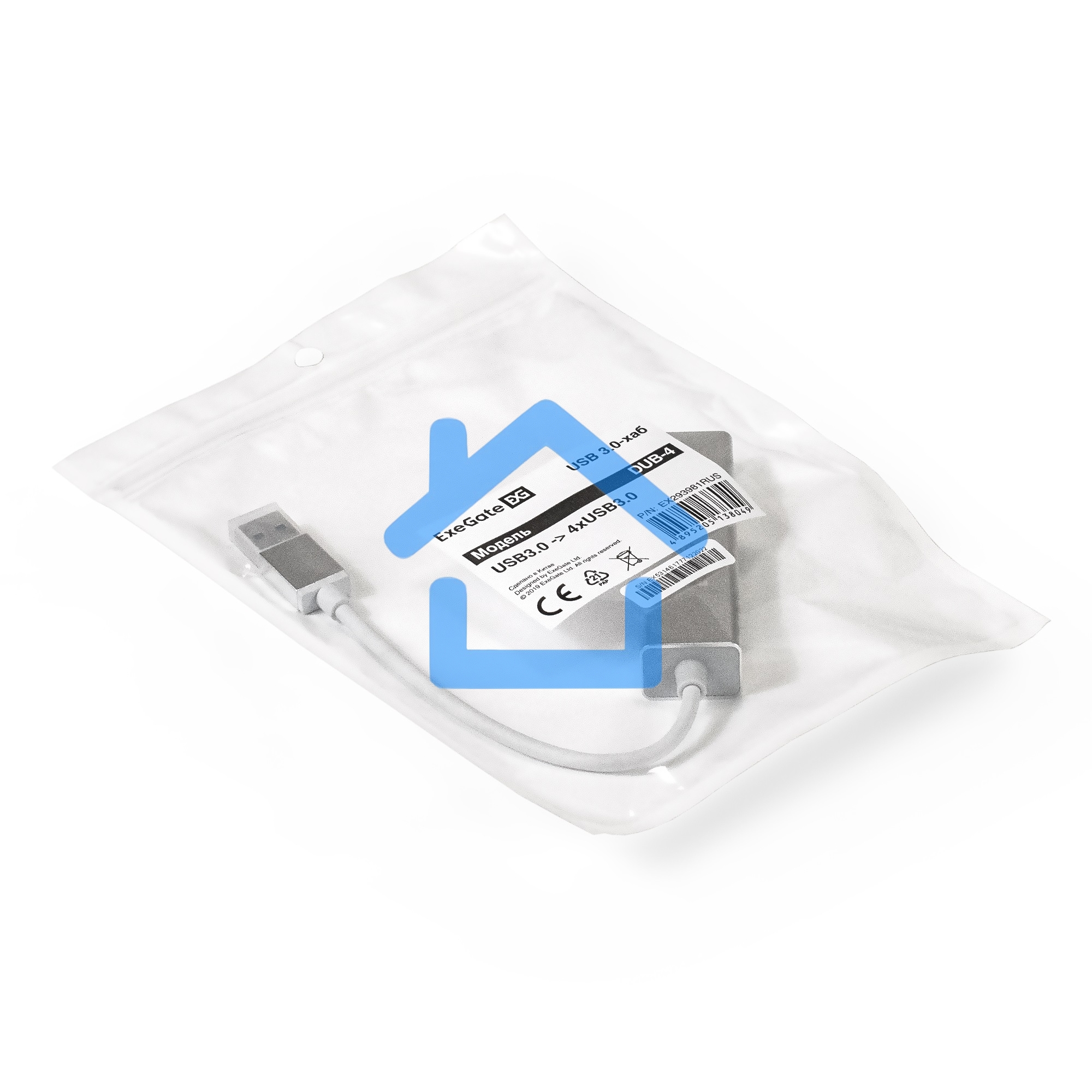 Хаб USB (концентратор) ExeGate DUB-4 (кабель-адаптер USB3.0 --> 4xUSB3.0, Plug&Play, серебристый)