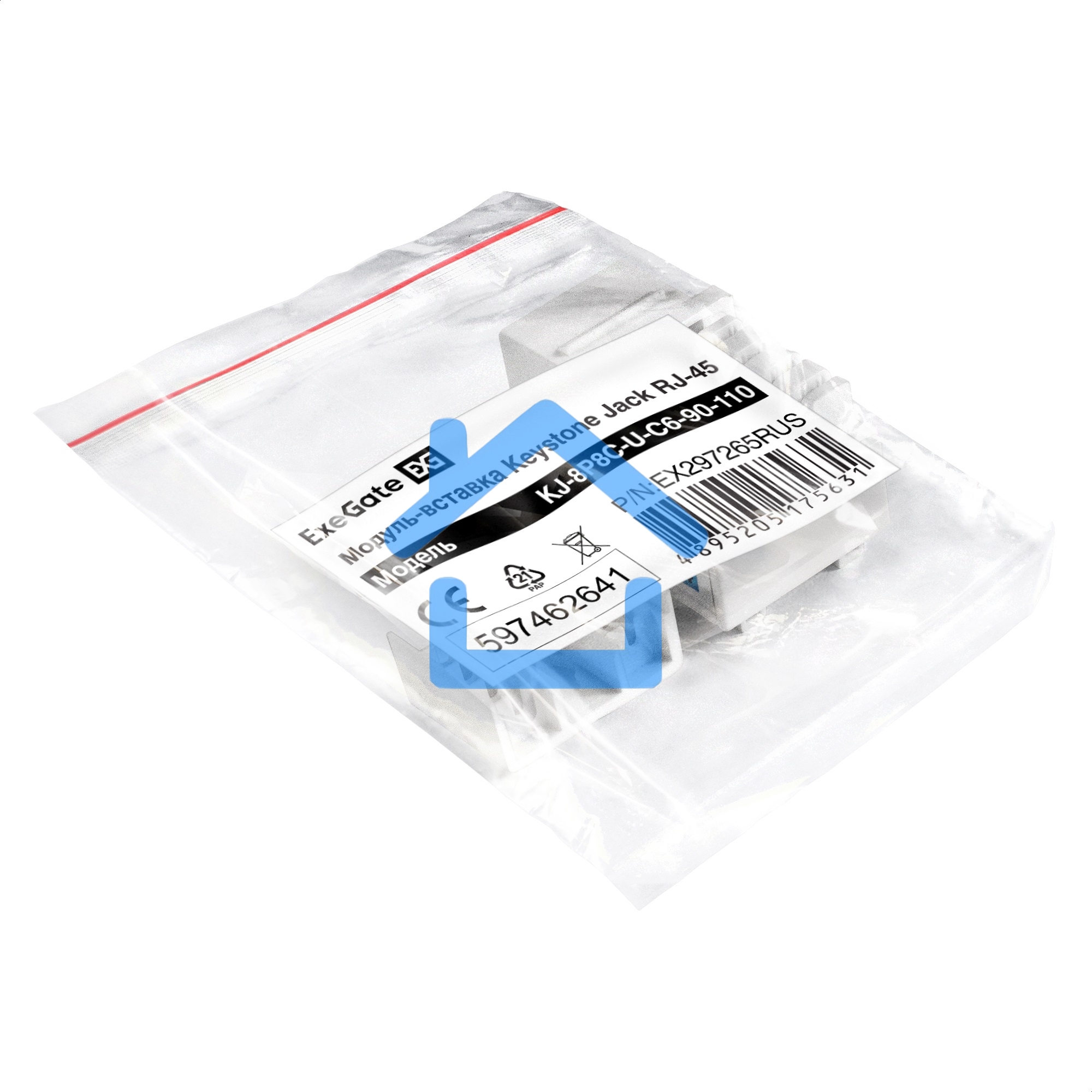 Модуль-вставка Keystone Jack RJ-45 ExeGate KJ-8P8C-U-C6-90-110 (Кат.6, неэкранированная, 90 градусов, IDC 110)