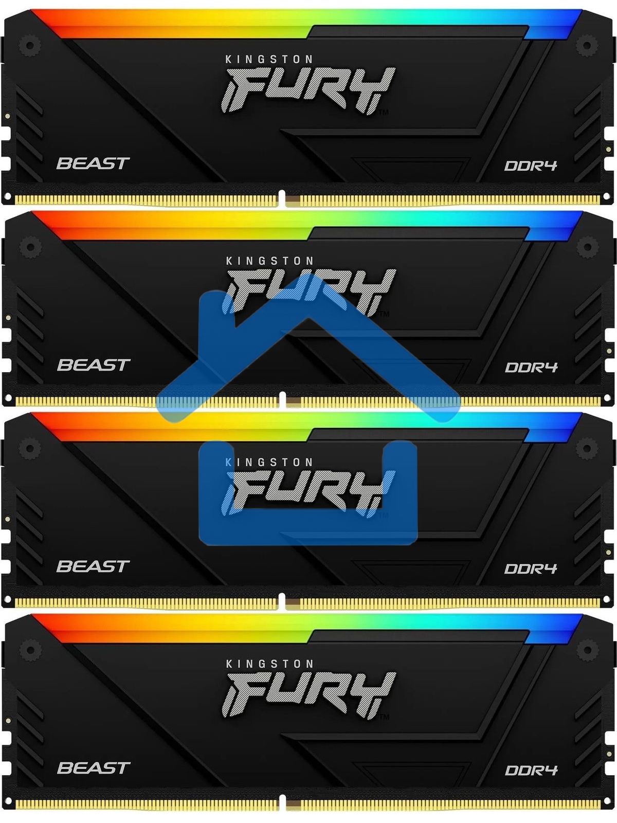 Оперативная память Kingston Fury Beast, DDR4, 64Gb (4x16Gb), 3200MHz, CL16, DIMM, с радиатором, RGB, черный
