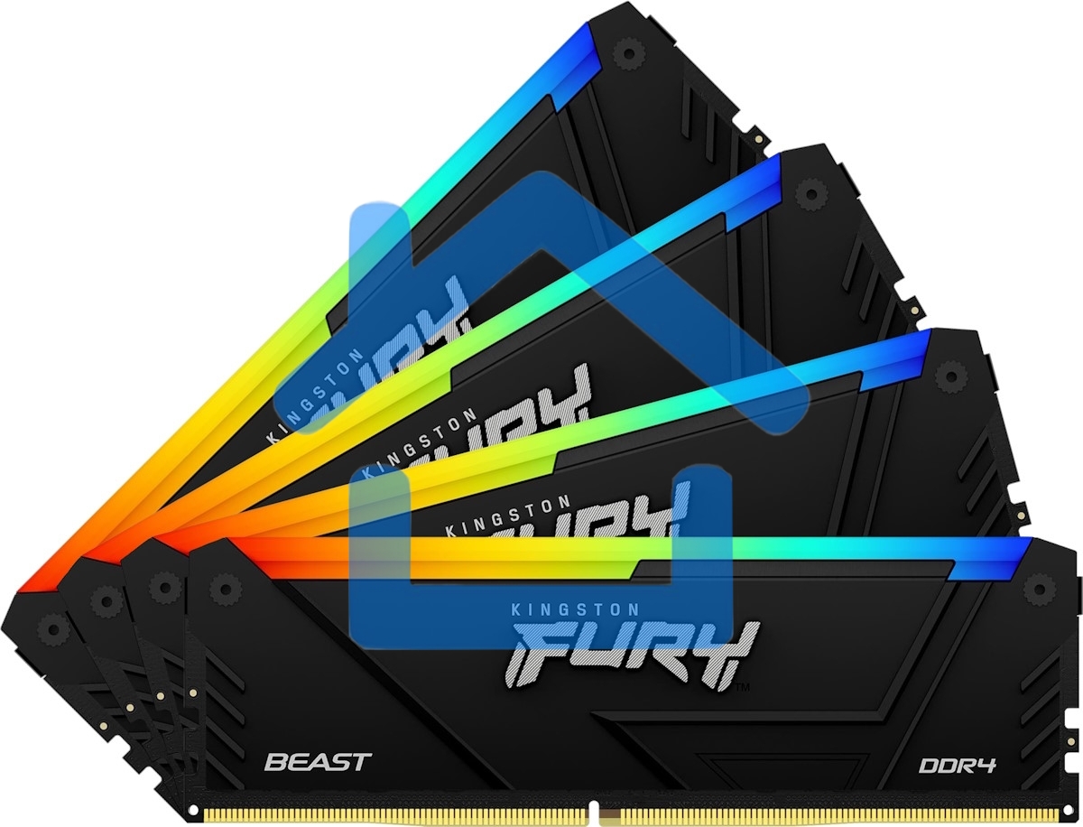 Оперативная память Kingston Fury Beast, DDR4, 64Gb (4x16Gb), 3200MHz, CL16, DIMM, с радиатором, RGB, черный