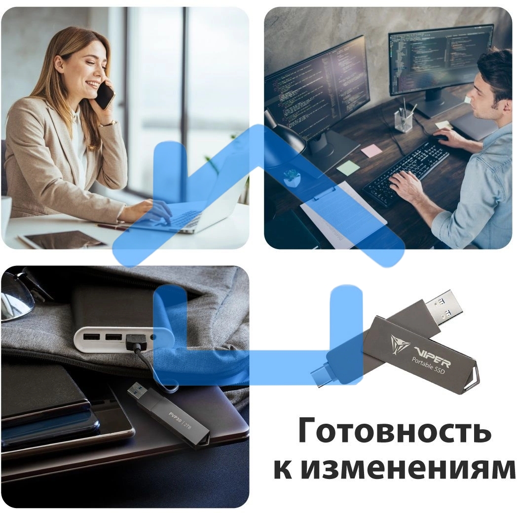 Внешний SSD Patriot Viper, 2TB, USB 3.2 Gen 2 Type-A/Type-C, R/W 1000/1000, черный