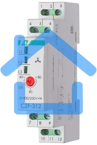 Реле контроля и наличия фаз CZF-312 (монтаж на DIN-рейке 35мм; регулировка порога; без задержки отключения; 3х400/230+N 2х8А 1Z 1R IP20) F&F EA04.001.007