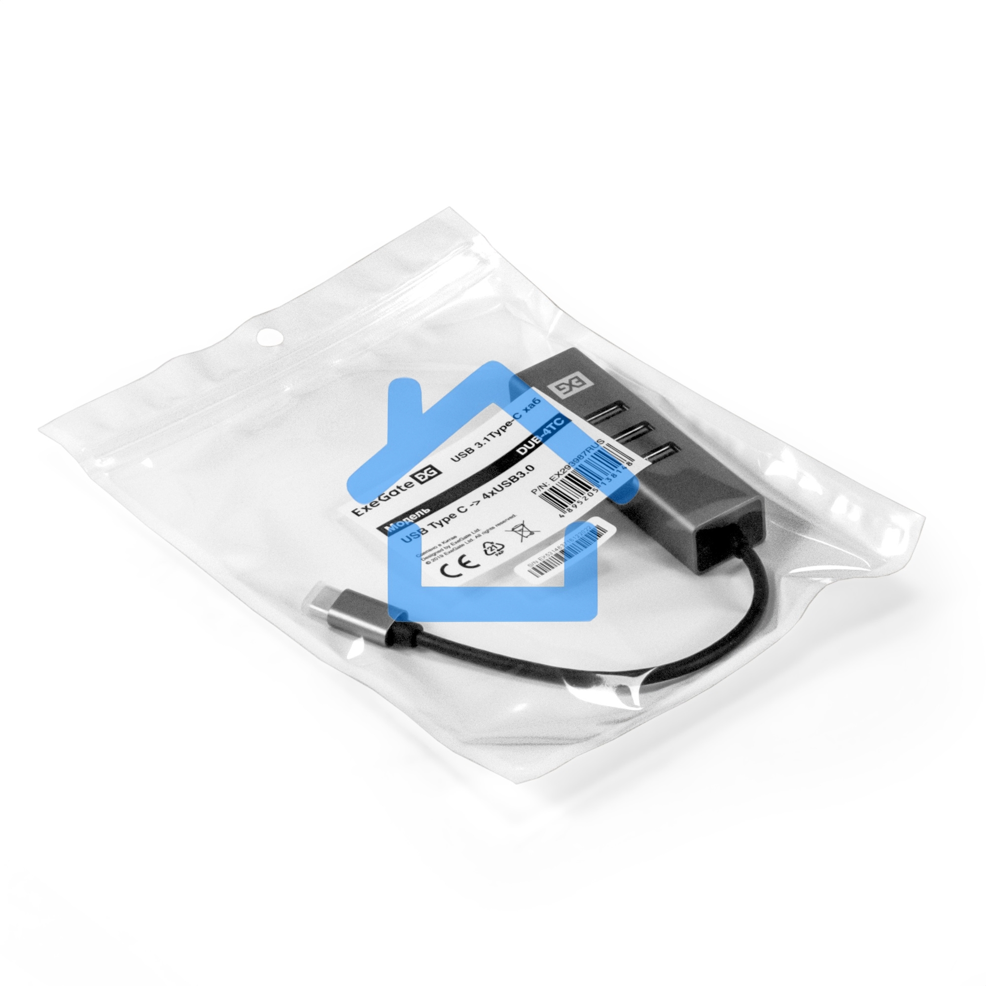 Хаб USB (концентратор) ExeGate DUB-4TC (кабель-адаптер USB Type C --> 4xUSB3.0, Plug&Play, серебристый)