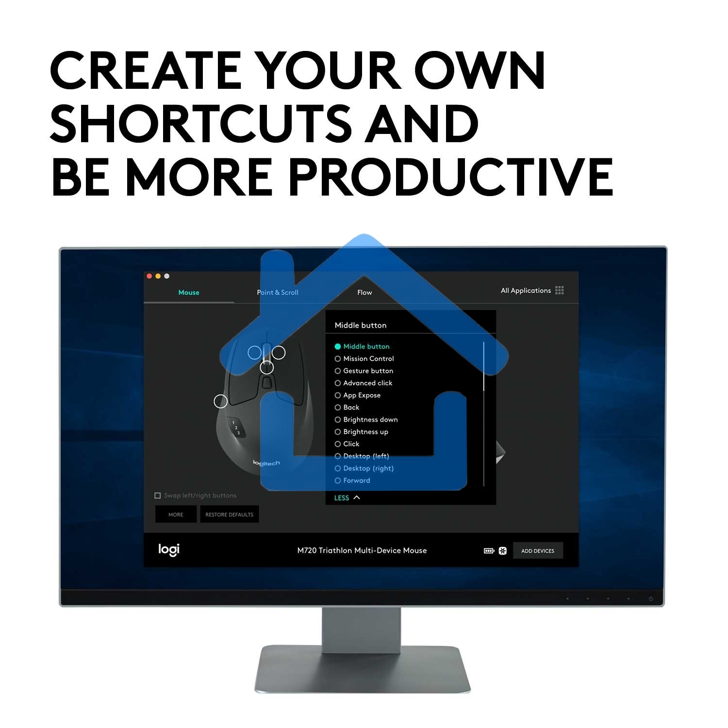 Мышь беспроводная Logitech M720 Triathlon черный, 1000 dpi, радиоканал, Bluetooth, USB, кнопки - 8