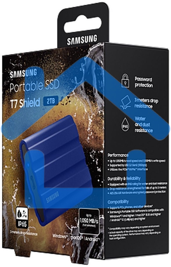 Накопитель Samsung External SSD T7 Shield, 2TB, Type C-to-C/A, USB 3.2 Gen2, R/W 1050/1000MB/s, IP65, 88x59x13mm, 98g, Blue (12 мес.)